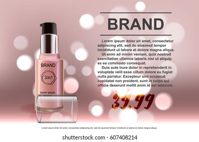 Makeup contained in a transparent bottle, cream color leather background.