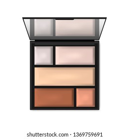 Make-up contouring palette, realistic illustration. Makeup concealer, highlighter, corrective powder kit. Open square cosmetic case with mirror - top view, vector template.