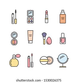 Makeup cosmetic beauty products line vector icon set