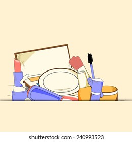 Make-up cosmetic and brush on beige background.