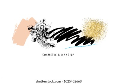 Makeup, cosmetic brush strokes, traces, smears over white. Mascara, tone, golden sparkles