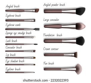 Makeup cosmetic brushesn isolated realistic mockups. Angled, eyebrow and concealer, foundation, eyeliner and lip 3d vector brushes, woman make-up professional tools or beauty accessories mockups set