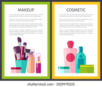 Makeup cosmetic color posters vector illustration with text sample green and yellow frames cream vials, lipstick and cosmetic tassel isolated on white