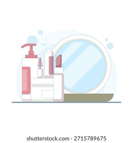 Maquiagem conceito cosmético mostrando espelho com rímel e batom. Ilustração vetorial para ferramentas de beleza, rotina de cuidados com a pele, estilo de moda e produtos cosméticos.