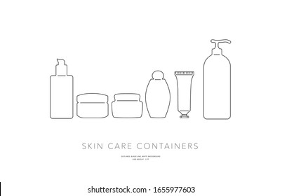 Make-up and cosmetic containers line icon set. Including icons such as bottles for cream, lotion, serum, shampoo and more. Outlined thin vector icons.