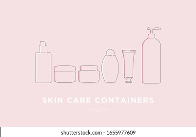 Conjunto de iconos de línea de contenedores cosméticos y maquillaje. Incluyendo iconos como botellas para crema, loción, suero, champú y más. Iconos delgados y delineados de vectores delgados.