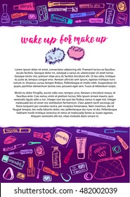 Makeup cosmetic elements with lettering. Concept poster or leaflet template. Handwritten vector brush letters and decorative cosmetic items on dark violet substrate.