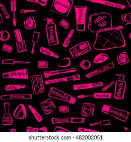 Makeup cosmetic elements pattern with lettering. Pink makeup items with handwritten vector brush letters on chalkboard background.