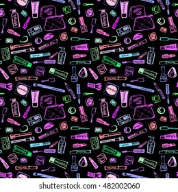 Makeup cosmetic elements pattern with lettering. Colorful makeup items with handwritten vector brush letters on chalkboard background.