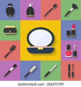 Makeup, cosmetic icon set. Flat style