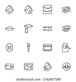 Make-up and cosmetic line icons set, outline vector symbol collection, linear style pictogram pack. Signs, logo illustration. Set includes icons as lipstick, eyeshadow, woman face, eyebrow, manicure