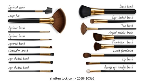 Makeup cosmetic luxury brushes, isolated realistic vector mockups set. Face beauty brushes, eyebrow comb and eyeliner or eye shadow sponge and smudge brush for foundation or concealer and liquid blush