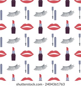 Makeup, cosmetic pattern. Endless texture design. Printable flat vector beauty illustration for wrapping, textile, decoration