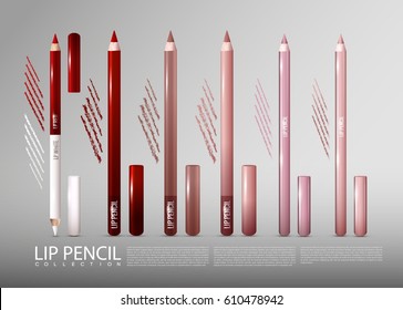 Makeup cosmetic products ads template with lip pencils of different colors in realistic style isolated vector illustration
