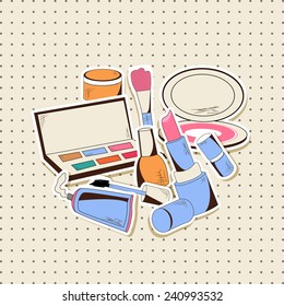 Make-up cosmetic products with brush on dotted beige background.