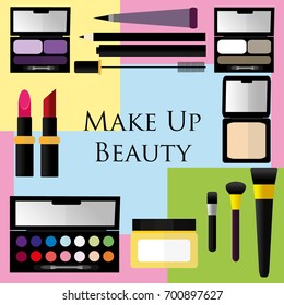 Makeup cosmetic products on colorful background. Flat vector.