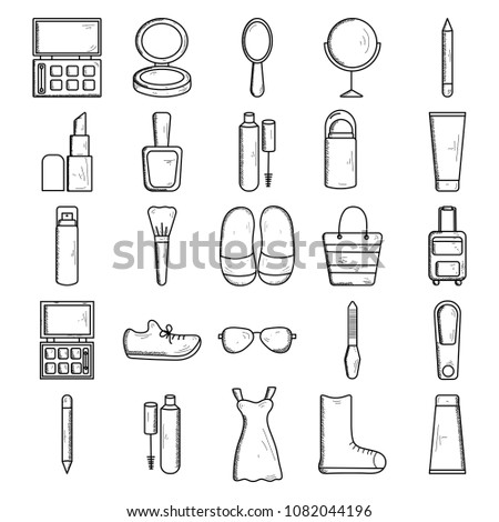 Makeup cosmetic silhouettes, set with handdrawn.