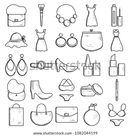 Makeup cosmetic silhouettes, set with handdrawn.