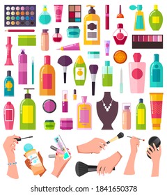 Makeup cosmetic supplies icons vector illustration. Elegant womens hand holding a cosmetic accessories on white background. Cosmetics products concept. Makeup products, face and hair care set