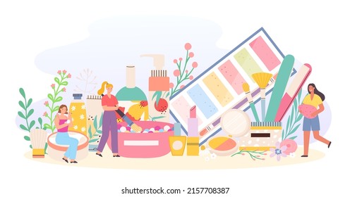 Makeup cosmetic and tiny female. Characters with powder, brush, cream, eye shadow and lipstick. Women using beauty products, cheerful beauticians flat vector concept, cosmetology workshop