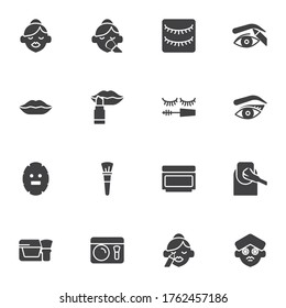 Make-up and cosmetic vector icons set, modern solid symbol collection, filled style pictogram pack. Signs, logo illustration. Set includes icons as lipstick, eyeshadow, woman face, eyebrow, manicure