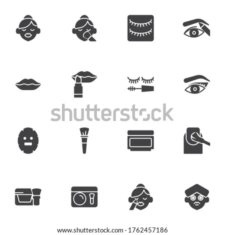 Make-up and cosmetic vector icons set, modern solid symbol collection, filled style pictogram pack. Signs, logo illustration. Set includes icons as lipstick, eyeshadow, woman face, eyebrow, manicure