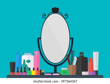 Makeup cosmetics accessories and mirror on table. vector illustration flat design beauty cosmetics concept.