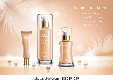 Makeup cosmetics advertising composition with liquid foundation containers and tubes decorated by pearls and feathers realistic vector illustration  