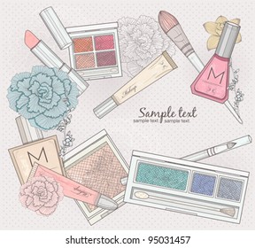  Makeup and cosmetics background. Background with makeup elements and flowers.