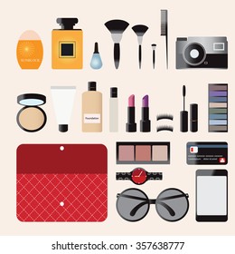 Makeup cosmetics bag with accessories, Personal Belongings, perfume, camera, sunglasses, credit card,sunblock cream, Eyelashes, eyeshadow, lipstick, brushes, smartphone and watch, vector illustration.