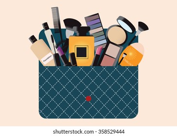 Makeup cosmetics bag with accessories and Personal Belongings, perfume, sunblock cream, Eyelashes, eyeshadow, lipstick, brushes, vector illustration.