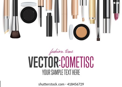 Makeup cosmetics banner. Realistic luxury accessory and equipment. Beauty, fashion look, visage poster. Decorative makeup cosmetics product vector illustration. Beautician store or shop presentation
