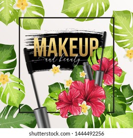 Makeup Cosmetics Banner Template with Mascara, Frame and Palm Leaves. Golden Calligraphy Text and Eyeliner Black Brush Stroke Texture. Vector Realistic Illustration. Golden Headline