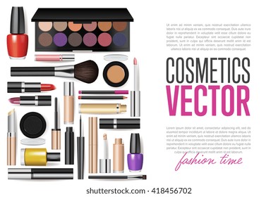 Makeup cosmetics. Beauty and fashion time. Vector background with creative design and text. Professional decorative makeup cosmetics and tool kit accessory. Fashion-paper magazine page template
