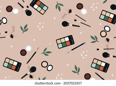 Maquillaje, cosméticos, belleza. Patrón de elementos de maquillaje de ilustraciones vectoras. Concepto Beuty. Vintage, minimalismo. 
