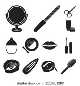 Makeup and cosmetics black icons in set collection for design. Makeup and equipment vector symbol stock web illustration.