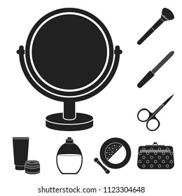 Makeup and cosmetics black icons in set collection for design. Makeup and equipment vector symbol stock web illustration.