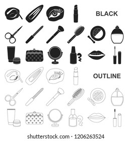 Makeup and cosmetics black icons in set collection for design. Makeup and equipment vector symbol stock web illustration.