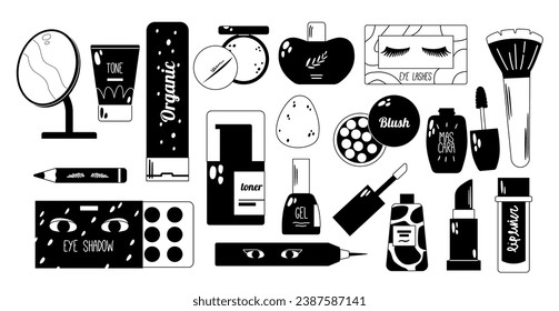 Makeup Cosmetics Black And White Icons Set. Lipstick, Eyeshadow, Foundation, And Brushes, Liners And Pencils