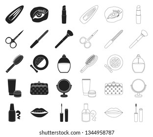 Makeup and cosmetics black,outline icons in set collection for design. Makeup and equipment vector symbol stock web illustration.