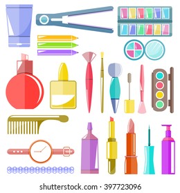 makeup cosmetics and brushes colorful flat design