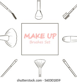 Makeup. Cosmetics. Brushes set. Frame - wreath.