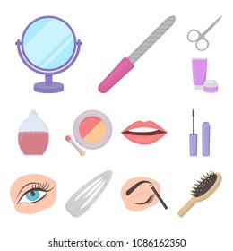 Makeup and cosmetics cartoon icons in set collection for design. Makeup and equipment vector symbol stock web illustration.