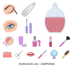 Makeup and cosmetics cartoon icons in set collection for design. Makeup and equipment vector symbol stock web illustration.