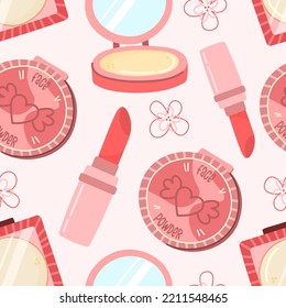 Makeup cosmetics in cartoon style. Hand drawn elements. Vector seamless pattern on pink background.