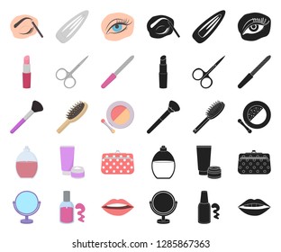 Makeup and cosmetics cartoon,black icons in set collection for design. Makeup and equipment vector symbol stock web illustration.