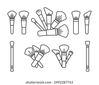 Makeup and cosmetics. Collection vector graphic icons of beauty brushes for face, powder, blush, eyeshadow.