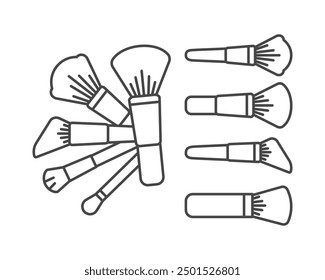 Makeup and cosmetics. Collection vector graphic icons of beauty brushes for face, powder, blush, eyeshadow.