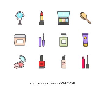 Makeup cosmetics colored flat line icons set with mirror, lipstick, eyeshadow, hair brush, cream jar, mascara, perfume bottle, rouge, nail polish, foundation.