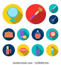 Makeup and cosmetics flat icons in set collection for design. Makeup and equipment vector symbol stock web illustration.